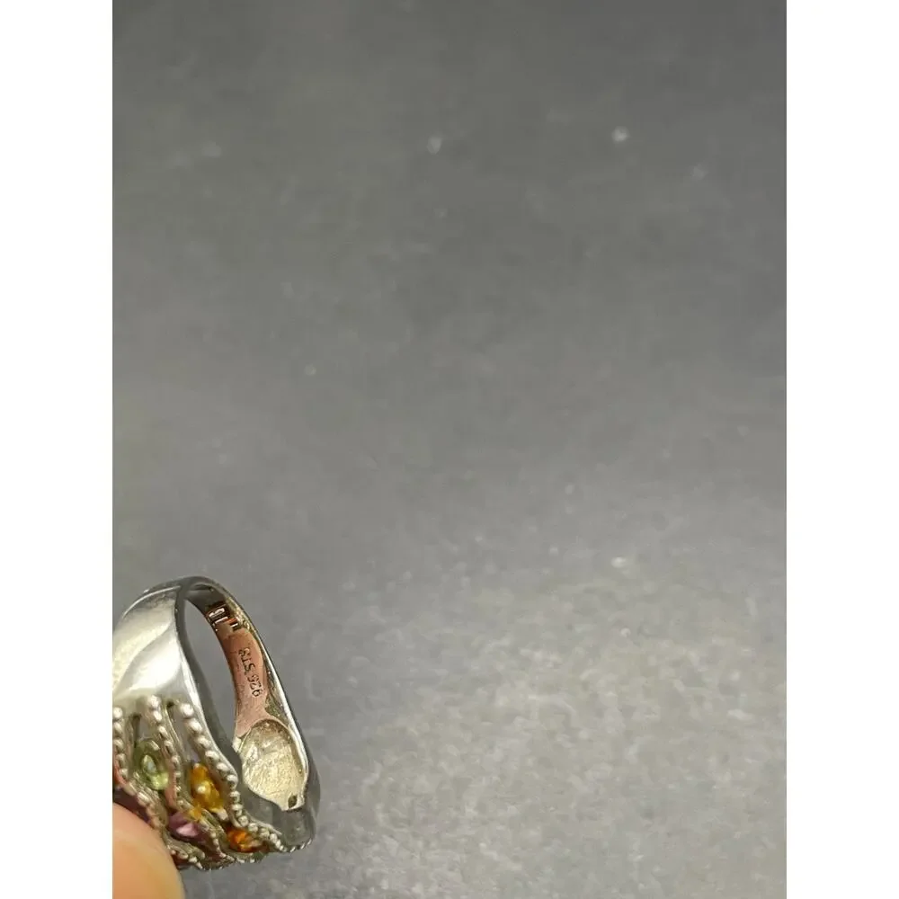 STS Signed 925 Sterling Silver Multi Gemstone Wave Band Ring Size 9
